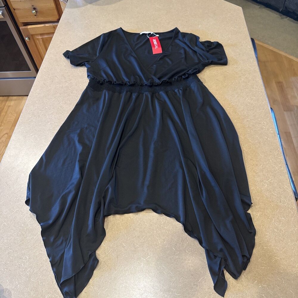 RoseGal BLACK STRETCH MIDI A-line Hi Low Sundress dress 1X 16 Plus Swim CoverUp